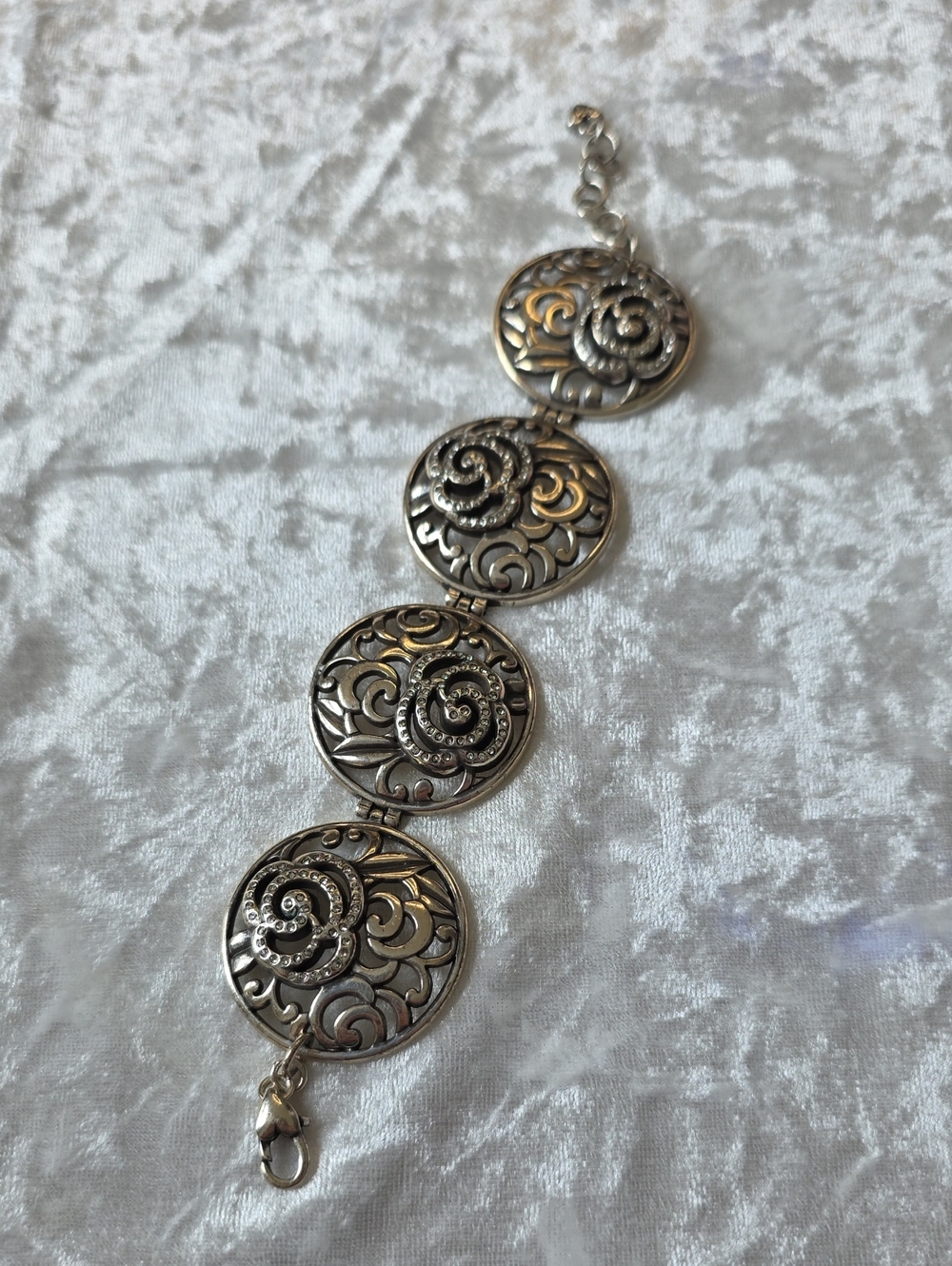 Brighton Retired Deco Rose Flower Silver Crystal Bracelet